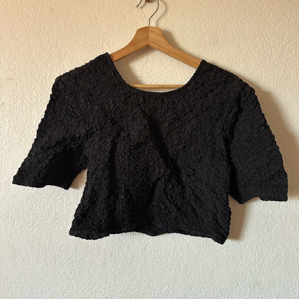 Ganni Cotton Poplin O Neck Smocked Cropped Tee in Black - Size 44 XL - Picture 4 of 10